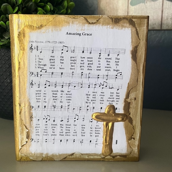 Amazing Grace Hymn With Cross Art Wood Block 6 In X 6 In Textured Art Handmade - Picture 1 of 5